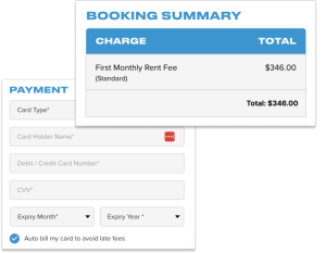 Book summarry – revised2 Screenshot of a booking summary and payment form. The booking summary shows a charge of $346.00 for the first monthly rent fee. The payment form includes fields for card type, cardholder name, card number, CVV, expiration month, and year, with an option to auto-bill the card to avoid late fees.