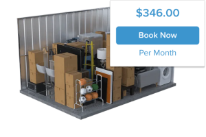 unit A storage unit filled with a variety of items, including cardboard boxes, furniture, sports equipment, and a washer. A price of $346.00 per month is displayed with a 'Book Now' button.