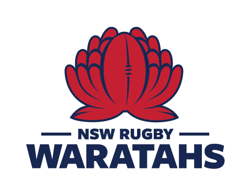 NSWRU-Waratahs-Stacked-Outline-Navy Logo of the NSW Waratahs featuring a stylized red waratah flower with a rugby ball shape in the center. Below the flower, the text 'NSW Rugby' is written in navy blue, followed by the bold, uppercase word 'WARATAHS,' also in navy blue, with horizontal lines framing the top text.